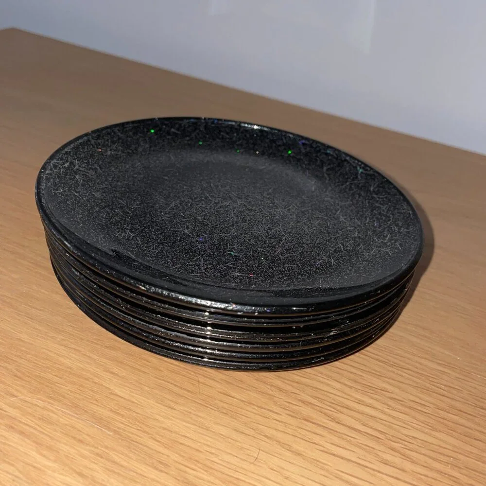 Crate&Barrel Glitter Appetizer Black 6 inch Dessert Plates, Set of 6, BRAND NEW
